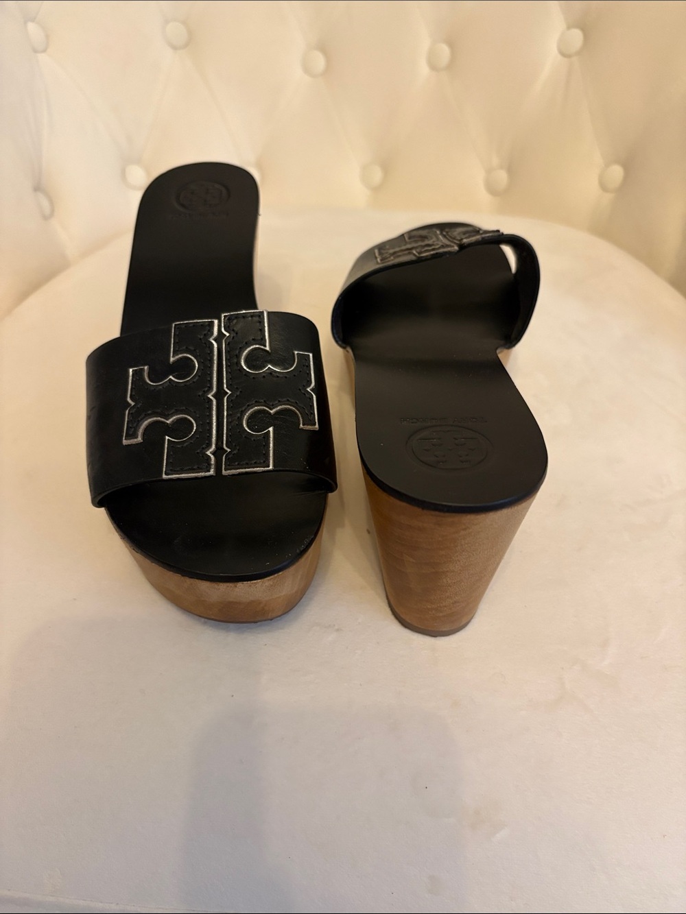 Tory Burch Black Leather Logo Platform Mules - Picture 3 of 8